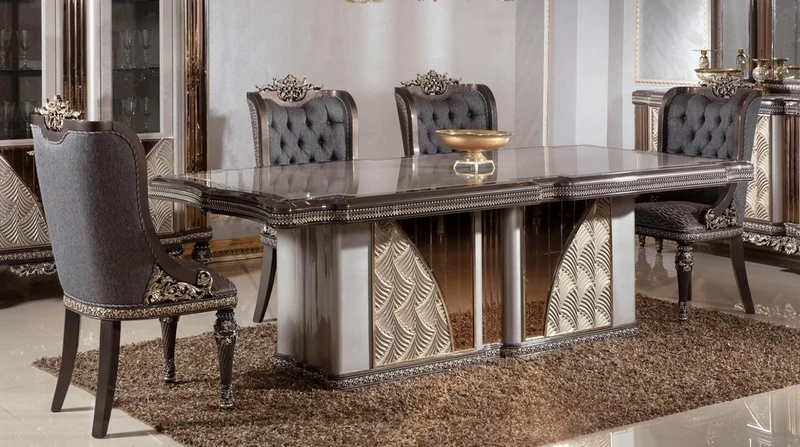 Casa Padrino Luxus Barock Esszimmerstuhl 6er Set Blau / Grau / Dunkelbraun / Gold - Barockstil Küchenstühle mit Muster - Luxus Esszimmer Möbel im Barockstil - Barock Esszimmer Möbel