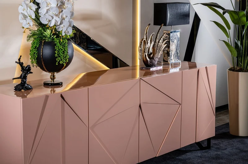 Casa Padrino Luxus Designer Sideboard Rosa / Schwarz 220 x 50 x H. 88 cm - Massivholz Schrank mit 4 Türen - Esszimmer Möbel - Hotel Möbel - Designer Möbel - Luxus Möbel