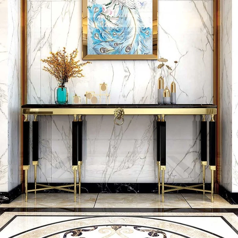 Casa Padrino Luxus Konsole Schwarz / Gold 140 x 40 x H. 85 cm - Rechteckiger Konsolentisch mit Kunstmarmor Tischplatte - Wohnzimmer Möbel - Luxus Möbel - Luxus Einrichtung