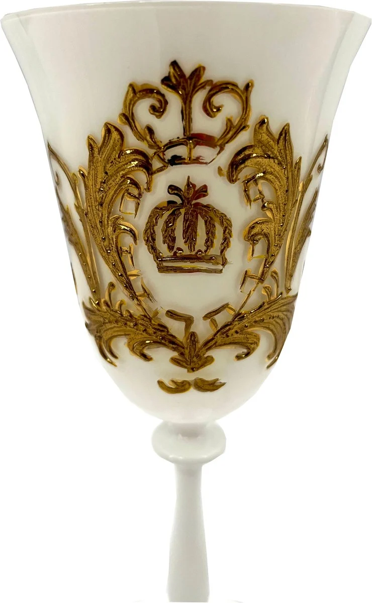Pompöös by Casa Padrino Luxus Barock Weißweinglas mit 24 Karat Vergoldung Weiß / Gold Ø 8,7 x H. 20,3 cm - Pompööses Weißweinglas designed by Harald Glööckler - Luxus Designer Weingläser