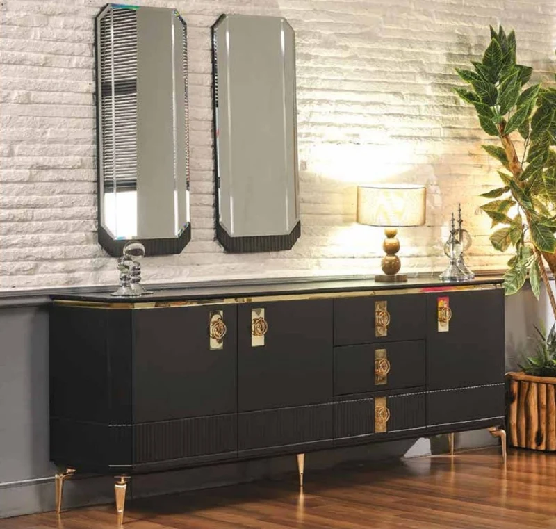 Casa Padrino Luxus Art Deco Sideboard Schwarz / Gold 200 x 41 x H. 77 cm - Edler Massivholz Schrank mit 3 Türen und 3 Schubladen - Art Deco Möbel - Luxus Möbel