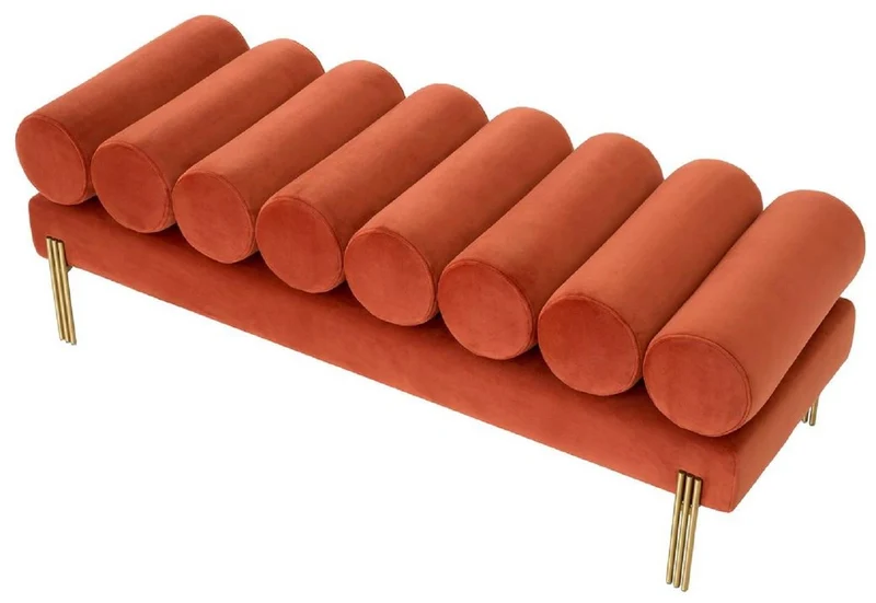 Casa Padrino Luxus Samt Sitzbank Orange / Messing 130 x 45 x H. 42 cm - Wohnzimmer Bank - Schlafzimmer Bank - Wohnzimmer Möbel - Schlafzimmer Möbel - Luxus Möbel - Luxus Einrichtung