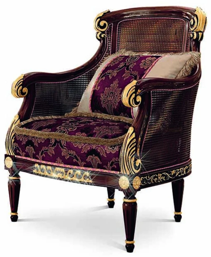 Casa Padrino Luxus Barock Sessel Lila / Braun / Gold - Barockstil Wohnzimmer Sessel mit elegantem Muster - Barock Möbel - Barock Wohnzimmer & Hotel Möbel - Luxus Qualität - Made in Italy