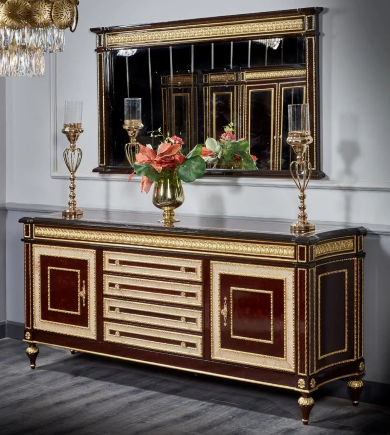 Casa Padrino Luxus Barock Sideboard mit Spiegel Dunkelbraun / Gold - Luxus Möbel Möbel im Barockstil - Barock Möbel - Barock Einrichtung - Edel & Prunkvoll