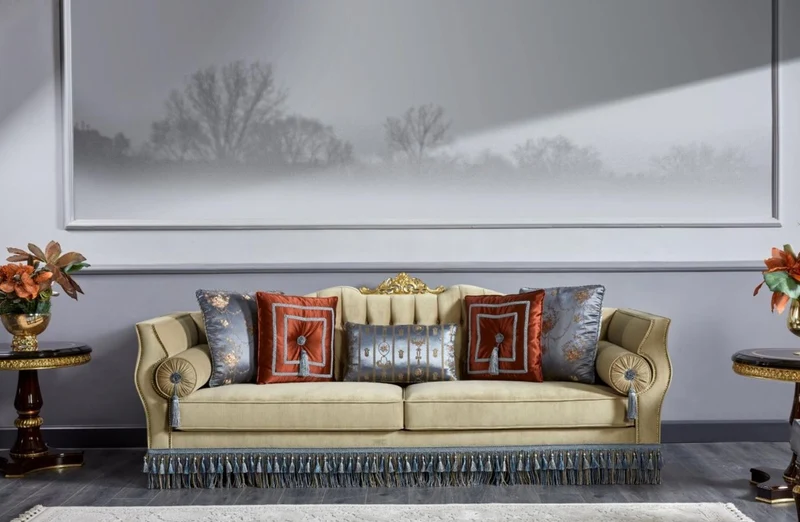 Casa Padrino Luxus Barock Sofa Beige / Blau - Prunkvolles Wohnzimmer Sofa - Barockstil Wohnzimmer Möbel - Luxus Möbel im Barockstil - Barock Einrichtung - Edel & Prunkvoll