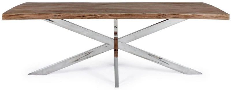 Casa Padrino Luxus Esstisch Braun / Silber 220 x 100 x H. 77 cm - Rechteckiger Küchentisch mit Massivholz Tischplatte und Edelstahl Beinen - Esszimmer Möbel - Küchen Möbel - Luxus Möbel