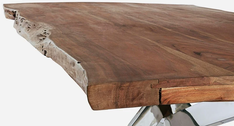 Casa Padrino Luxus Esstisch Braun / Silber 220 x 100 x H. 77 cm - Rechteckiger Küchentisch mit Massivholz Tischplatte und Edelstahl Beinen - Esszimmer Möbel - Küchen Möbel - Luxus Möbel