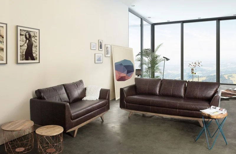 Casa Padrino Luxus Kunstleder 2er Sofa Dunkelbraun / Naturfarben 155 x 90 x H. 82 cm - Wohnzimmer Sofa - Wohnzimmer Möbel - Kunstleder Möbel - Luxus Möbel - Luxus Einrichtung