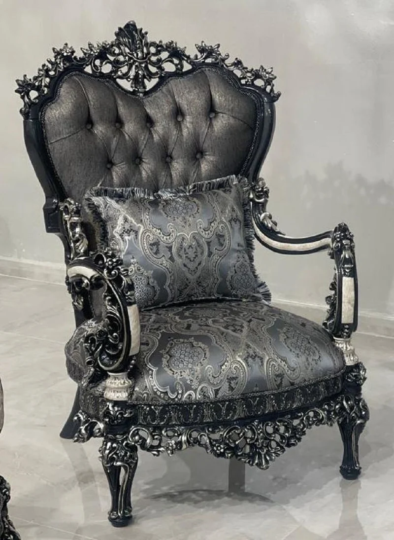 Casa Padrino Luxus Barock Wohnzimmer Set Silber / Weiß / Schwarz / Gold - 2 Barock Sofas & 2 Barock Sessel & 1 Barock Couchtisch - Luxus Wohnzimmer Möbel im Barockstil - Barock Möbel