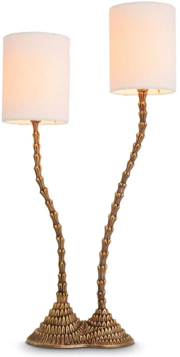 Casa Padrino Luxus Doppel Tischleuchte Vintage Messing / Weiß 27,5 x 15 x H. 78 cm - Schreibtischleuchte im Palmen Design - Luxus Tischleuchten - Luxus Schreibtischleuchten - Luxus Qualität