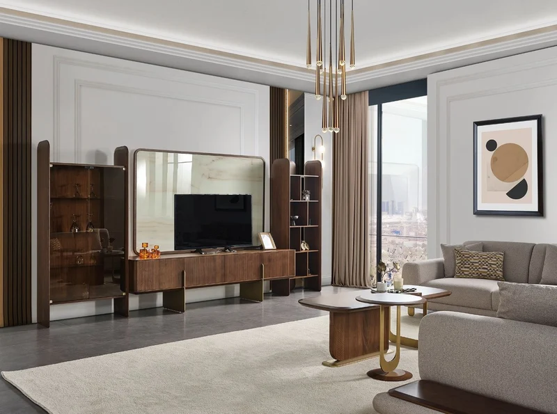 Casa Padrino Luxus Wohnzimmer TV Schrank Set Braun / Creme / Messing - 1 TV Schrank & 1 TV Rückwand & 1 Vitrine & 1 Regalschrank - Wohnzimmer Möbel - Massivholz Möbel - Luxus Möbel