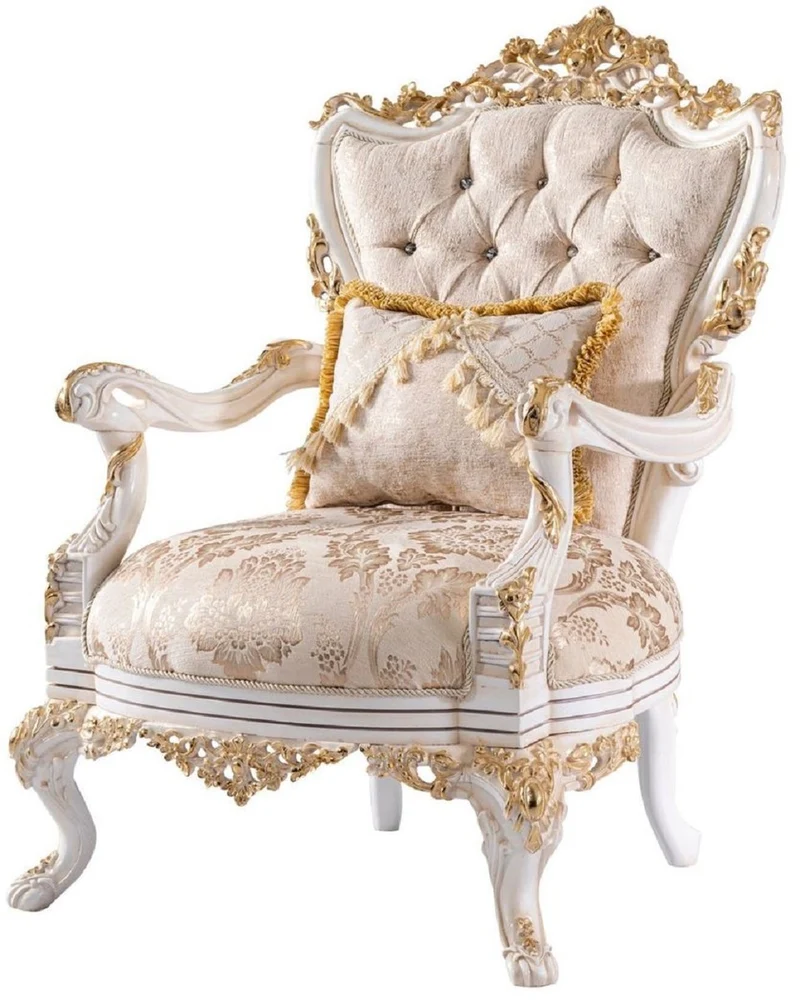 Casa Padrino Luxus Barock Sessel Beige / Weiß / Gold - Prunkvoller Wohnzimmer Sessel mit Glitzersteinen - Barockstil Wohnzimmer Möbel - Luxus Möbel im Barockstil - Edel & Prunkvoll