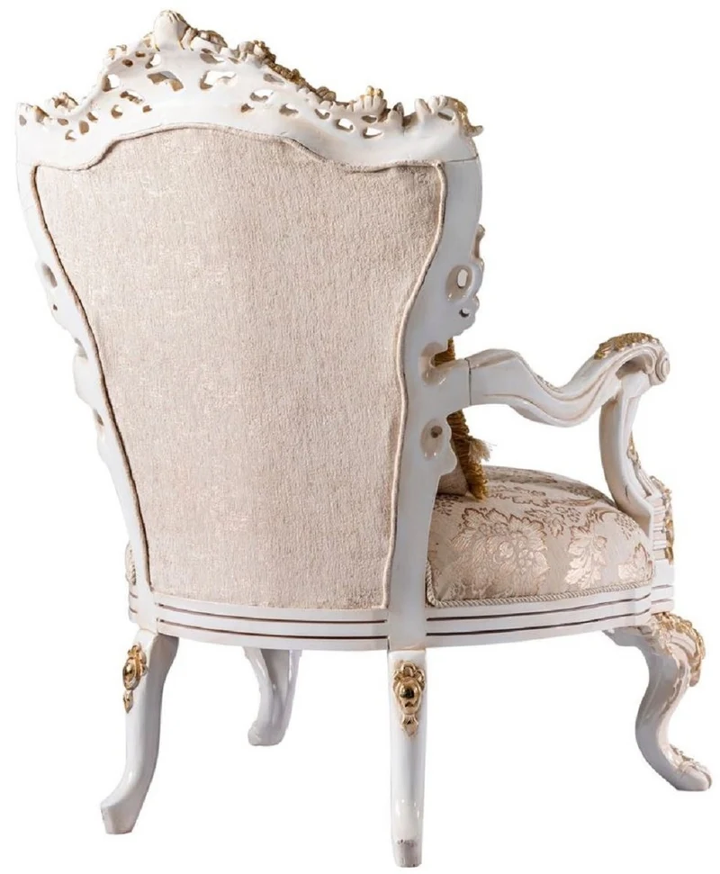 Casa Padrino Luxus Barock Sessel Beige / Weiß / Gold - Prunkvoller Wohnzimmer Sessel mit Glitzersteinen - Barockstil Wohnzimmer Möbel - Luxus Möbel im Barockstil - Edel & Prunkvoll