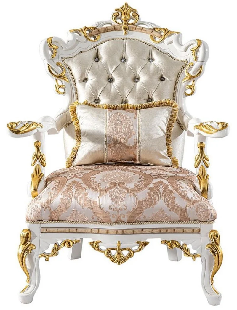 Casa Padrino Luxus Barock Sessel Gold / Silber / Braun / Weiß / Gold - Prunkvoller Wohnzimmer Sessel mit Glitzersteinen - Barockstil Wohnzimmer Möbel - Luxus Möbel im Barockstil - Edel & Prunkvoll