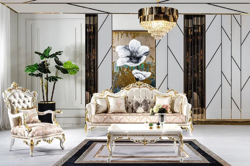 Casa Padrino Luxus Barock Sessel Gold / Silber / Braun / Weiß / Gold - Prunkvoller Wohnzimmer Sessel mit Glitzersteinen - Barockstil Wohnzimmer Möbel - Luxus Möbel im Barockstil - Edel & Prunkvoll