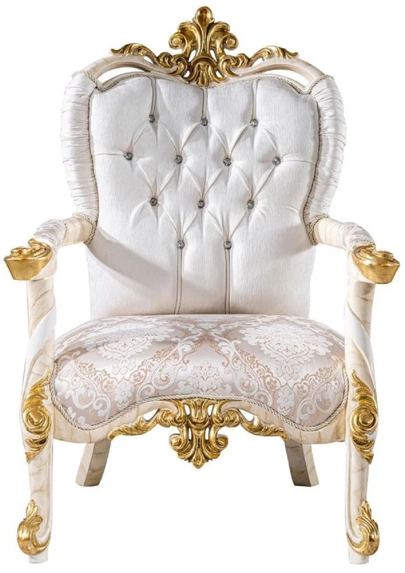 Casa Padrino Luxus Barock Sessel Weiß / Braun / Weiß / Beige / Gold - Prunkvoller Wohnzimmer Sessel mit Glitzersteinen - Barockstil Wohnzimmer Möbel - Luxus Möbel im Barockstil - Edel & Prunkvoll