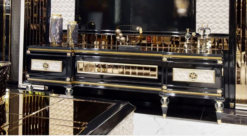 Casa Padrino Luxus Art Deco TV Schrank Schwarz / Weiß / Gold - Massivholz Sideboard mit 3 Schubladen - Art Deco Wohnzimmer Möbel - Luxus Wohnzimmer Möbel - Luxus Art Deco Einrichtung