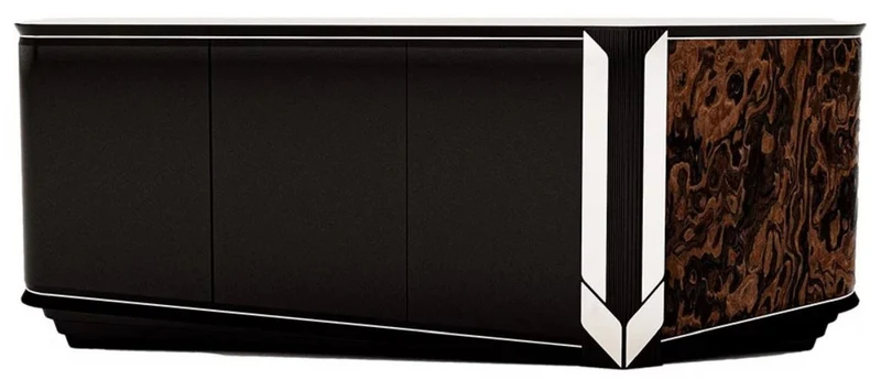 Casa Padrino Luxus Designer Sideboard mit 4 Türen Schwarz / Braun / Silber 230 x 54 x H. 85 cm - Luxus Möbel - Designer Möbel - Esszimmer Möbel - Hotel Möbel - Luxus Qualität