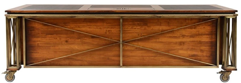 Casa Padrino Luxus Vintage Stil Schreibtisch Braun / Messing / Schwarz 234 x 98,5 x H. 75 cm - Massivholz Bürotisch mit Rollen - Vintage Stil Büro Möbel - Luxus Büro Möbel