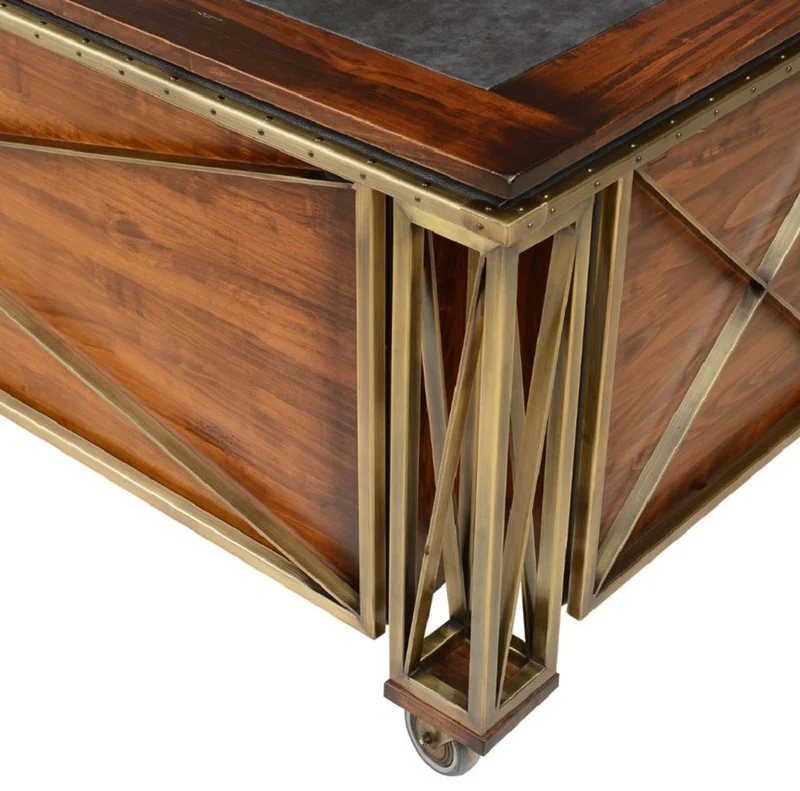 Casa Padrino Luxus Vintage Stil Schreibtisch Braun / Messing / Schwarz 234 x 98,5 x H. 75 cm - Massivholz Bürotisch mit Rollen - Vintage Stil Büro Möbel - Luxus Büro Möbel