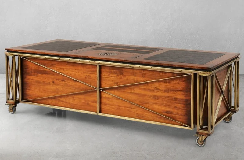 Casa Padrino Luxus Vintage Stil Schreibtisch Braun / Messing / Schwarz 234 x 98,5 x H. 75 cm - Massivholz Bürotisch mit Rollen - Vintage Stil Büro Möbel - Luxus Büro Möbel