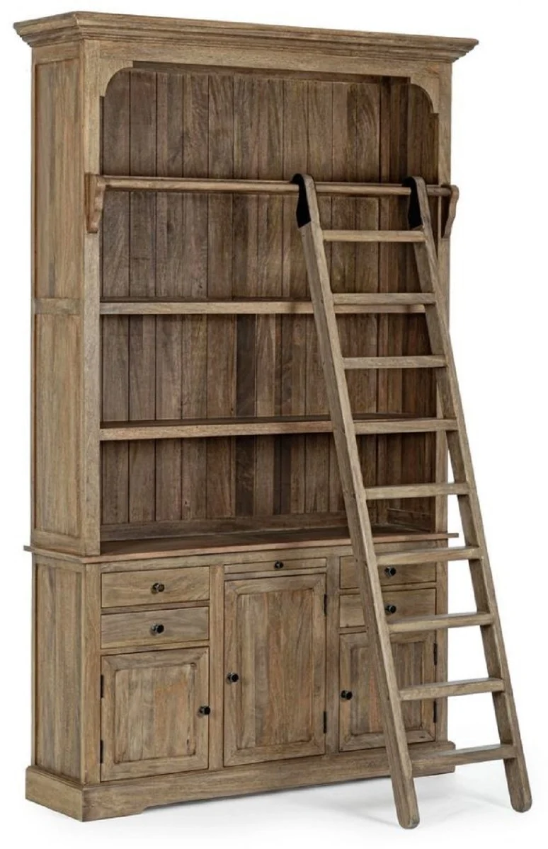 Casa Padrino Landhausstil Schrank mit Leiter Braun 143,5 x 40,6 x H. 233,7 cm - Bücherschrank - Regalschrank - Wohnzimmerschrank - Büroschrank - Landhausstil Möbel
