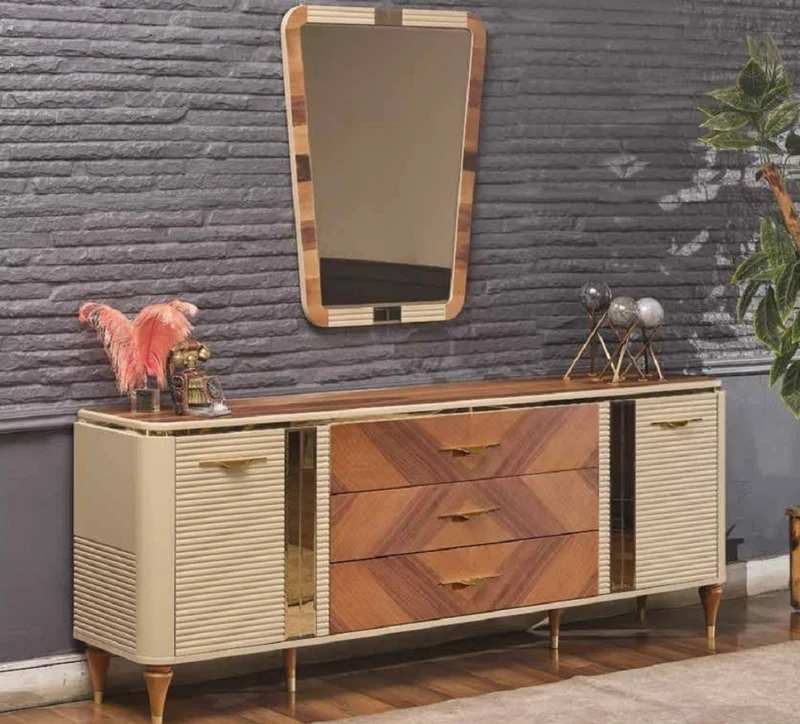 Casa Padrino Luxus Art Deco Sideboard Beige / Braun / Gold 200 x 42 x H. 72 cm - Edler Massivholz Schrank mit 2 Türen und 3 Schubladen - Art Deco Möbel - Luxus Möbel