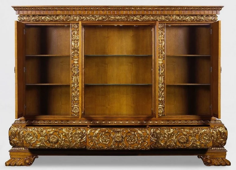 Casa Padrino Luxus Wohnzimmerschrank mit LED Beleuchtung Braun / Gold 268 x 58 x H. 189 cm - Massivholz Schrank - Luxus Möbel - Luxus Einrichtung - Wohnzimmer Einrichtung - Luxus Qualität