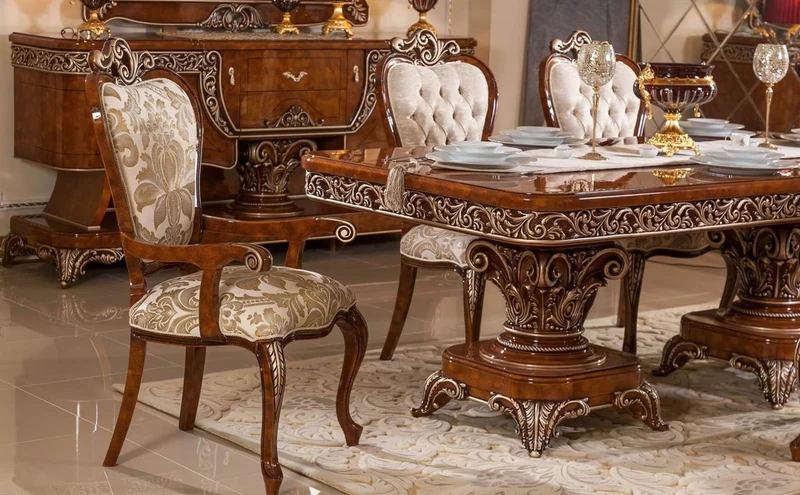 Casa Padrino Luxus Barock Esszimmer Set Braun / Gold / Bronze - 1 Barock Esstisch & 6 Barock Esszimmerstühle - Barock Esszimmer Möbel - Luxus Möbel im Barockstil - Edel & Prunkvoll