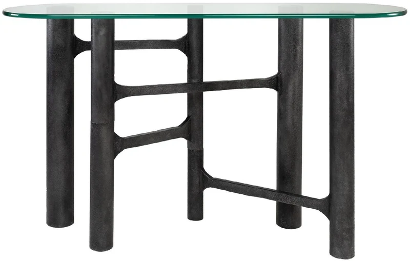 Casa Padrino Luxus Konsole Antik Schwarz 140 x 45 x H. 81 cm - Aluminium Konsolentisch mit Glasplatte - Luxus Möbel - Wohnzimmer Möbel - Luxus Einrichtung - Wohnzimmer Einrichtung