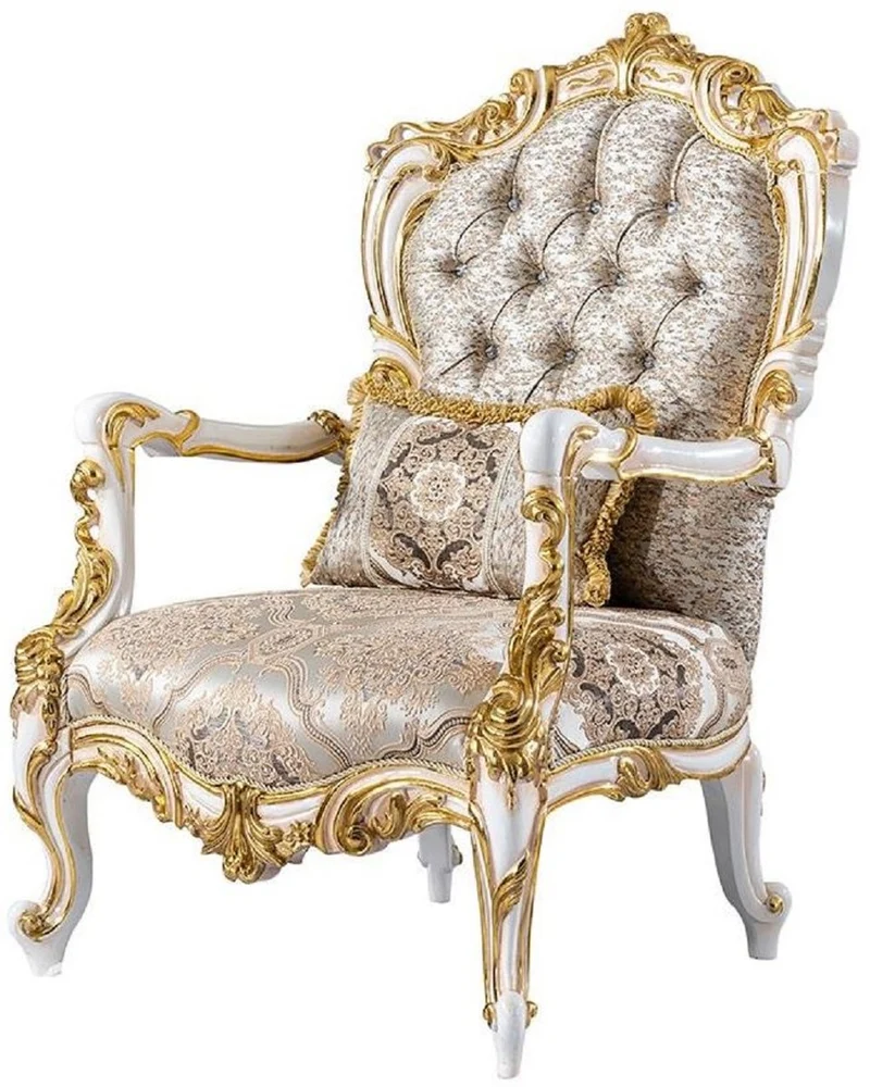 Casa Padrino Luxus Barock Sessel Silber / Beige / Schwarz / Weiß / Gold - Prunkvoller Wohnzimmer Sessel mit Glitzersteinen - Barockstil Wohnzimmer Möbel - Luxus Möbel im Barockstil