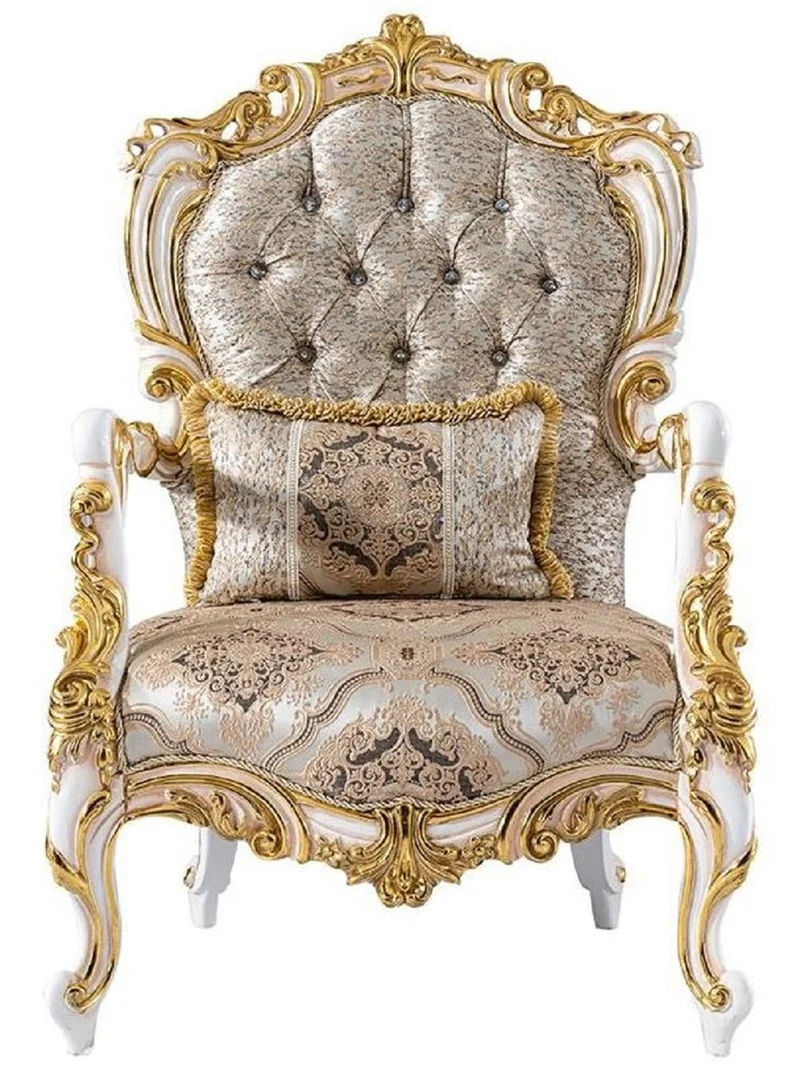 Casa Padrino Luxus Barock Sessel Silber / Beige / Schwarz / Weiß / Gold - Prunkvoller Wohnzimmer Sessel mit Glitzersteinen - Barockstil Wohnzimmer Möbel - Luxus Möbel im Barockstil