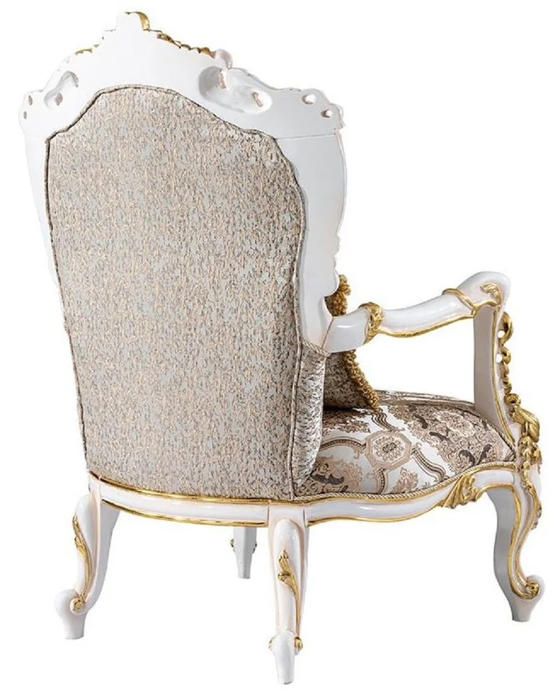 Casa Padrino Luxus Barock Sessel Silber / Beige / Schwarz / Weiß / Gold - Prunkvoller Wohnzimmer Sessel mit Glitzersteinen - Barockstil Wohnzimmer Möbel - Luxus Möbel im Barockstil
