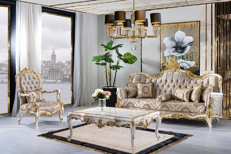 Casa Padrino Luxus Barock Sessel Silber / Beige / Schwarz / Weiß / Gold - Prunkvoller Wohnzimmer Sessel mit Glitzersteinen - Barockstil Wohnzimmer Möbel - Luxus Möbel im Barockstil