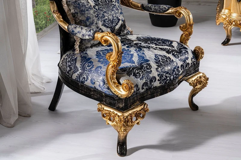 Casa Padrino Luxus Barock Sessel Blau / Schwarz / Gold - Prunkvoller Wohnzimmer Sessel - Barockstil Wohnzimmer Möbel - Luxus Möbel im Barockstil - Barock Einrichtung - Wohnzimmer Einrichtung