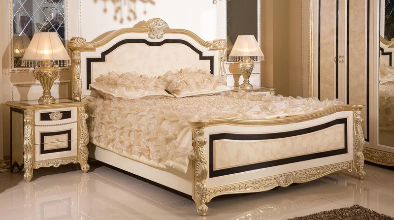 Casa Padrino Luxus Barock Schlafzimmer Set Weiß / Beige / Schwarz / Gold - 1 Barock Doppelbett mit Kopfteil & 2 Barock Nachtkommoden - Luxus Schlafzimmer Möbel im Barockstil - Barock Interior