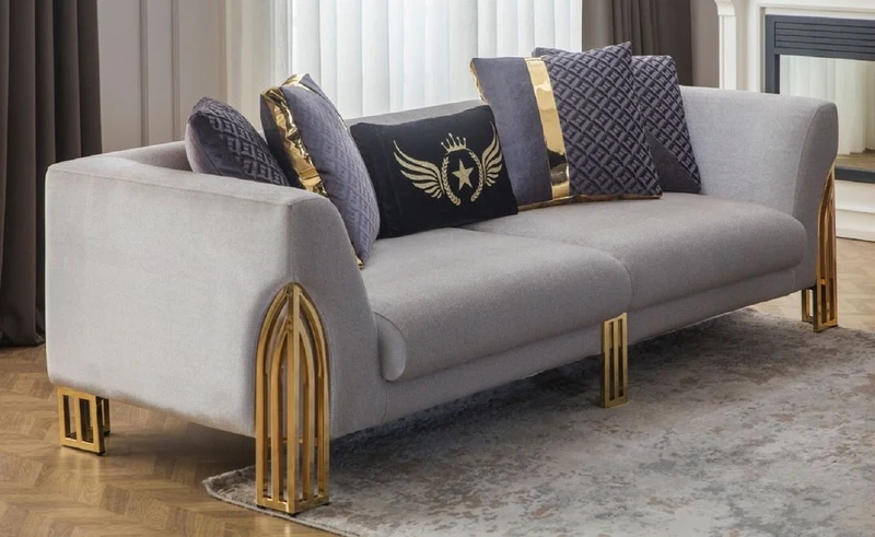 Casa Padrino Luxus Sofa Grau / Gold 230 x 90 x H. 77 cm - Wohnzimmer Sofa - Hotel Sofa - Wohnzimmer Möbel - Hotel Möbel - Luxus Möbel - Wohnzimmer Einrichtung - Luxus Einrichtung
