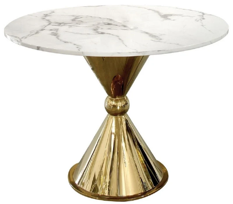 Casa Padrino Luxus Esstisch Weiß / Gold Ø 100 x H. 75 cm - Runder Esszimmertisch mit Kunstmarmor Tischplatte - Esszimmer Möbel - Luxus Möbel - Luxus Einrichtung - Esszimmer Einrichtung