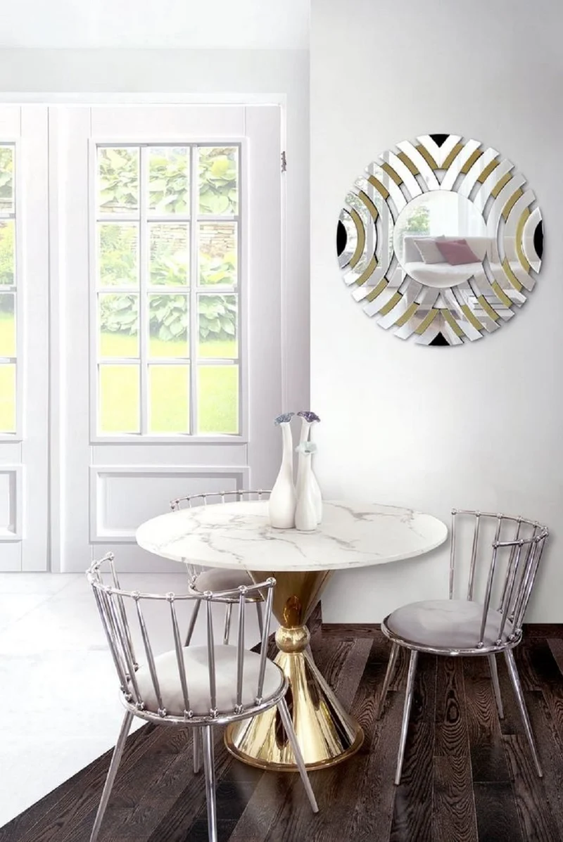 Casa Padrino Luxus Esstisch Weiß / Gold Ø 100 x H. 75 cm - Runder Esszimmertisch mit Kunstmarmor Tischplatte - Esszimmer Möbel - Luxus Möbel - Luxus Einrichtung - Esszimmer Einrichtung