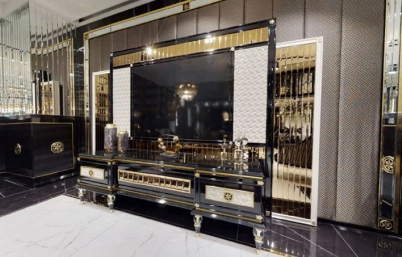 Casa Padrino Luxus Art Deco TV Schrank Set Schwarz / Weiß / Gold - Prunkvolles Wohnzimmer Sideboard mit TV Rückwand - Art Deco Wohnzimmer Möbel - Luxus Kollektion