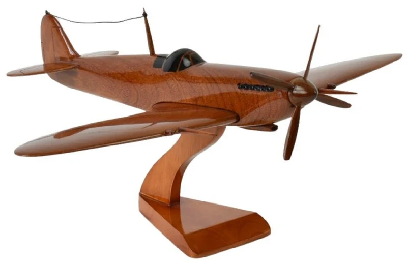 Casa Padrino Luxus Deko Jagdflugzeug Supermarine Spitfire Braun / Schwarz 40 x 36 x H. 20 cm - Holz Flugzeug mit Ständer - Propellerflugzeug - Modellflugzeug - Schreibtisch Deko - Deko Accessoires