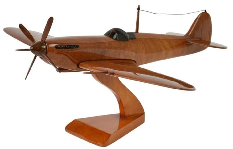 Casa Padrino Luxus Deko Jagdflugzeug Supermarine Spitfire Braun / Schwarz 40 x 36 x H. 20 cm - Holz Flugzeug mit Ständer - Propellerflugzeug - Modellflugzeug - Schreibtisch Deko - Deko Accessoires