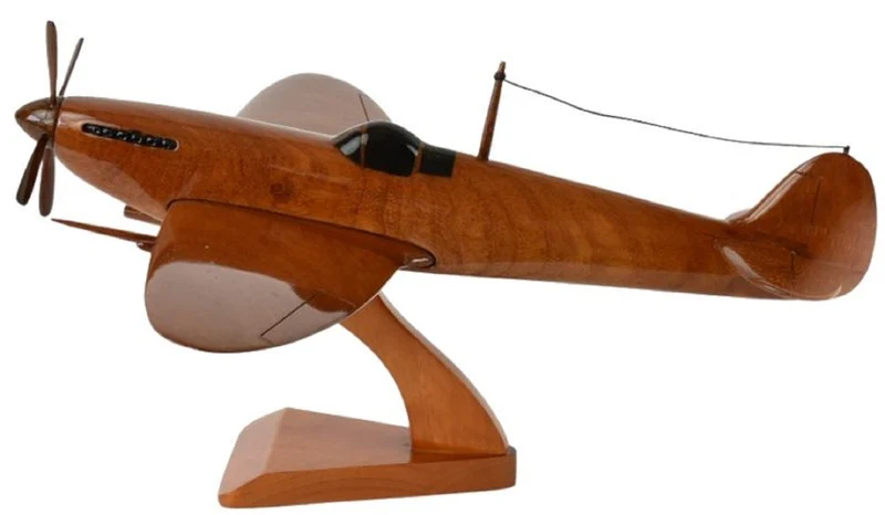 Casa Padrino Luxus Deko Jagdflugzeug Supermarine Spitfire Braun / Schwarz 40 x 36 x H. 20 cm - Holz Flugzeug mit Ständer - Propellerflugzeug - Modellflugzeug - Schreibtisch Deko - Deko Accessoires