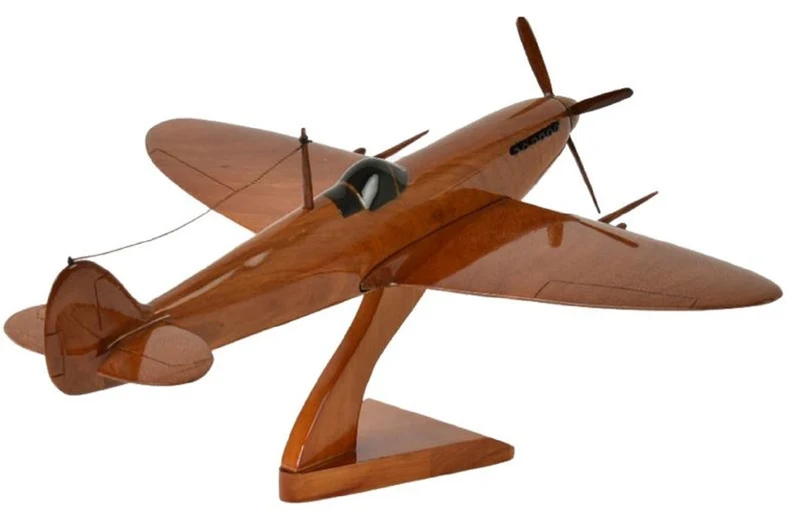 Casa Padrino Luxus Deko Jagdflugzeug Supermarine Spitfire Braun / Schwarz 40 x 36 x H. 20 cm - Holz Flugzeug mit Ständer - Propellerflugzeug - Modellflugzeug - Schreibtisch Deko - Deko Accessoires
