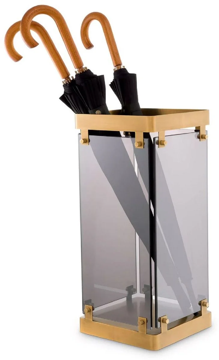 Casa Padrino Luxus Schirmständer Antik Messing / Grau 29,5 x 29,5 x H. 60,5 cm - Metall Regenschirm Ständer mit getöntem Glas - Hotel & Restaurant Accessoires - Luxus Accessoires