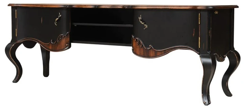 Casa Padrino Luxus Barock TV Schrank Braun / Antik Schwarz 182 x 48,5 x H. 63 cm - Prunkvolles Massivholz Sideboard mit 2 Türen - Luxus Möbel im Barockstil - Barock Möbel - Barock Einrichtung