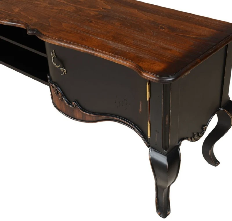 Casa Padrino Luxus Barock TV Schrank Braun / Antik Schwarz 182 x 48,5 x H. 63 cm - Prunkvolles Massivholz Sideboard mit 2 Türen - Luxus Möbel im Barockstil - Barock Möbel - Barock Einrichtung
