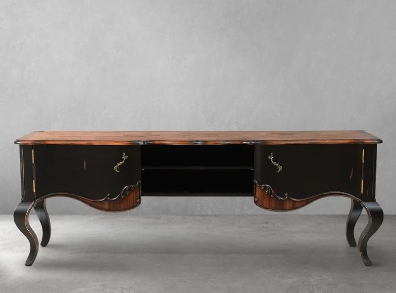 Casa Padrino Luxus Barock TV Schrank Braun / Antik Schwarz 182 x 48,5 x H. 63 cm - Prunkvolles Massivholz Sideboard mit 2 Türen - Luxus Möbel im Barockstil - Barock Möbel - Barock Einrichtung