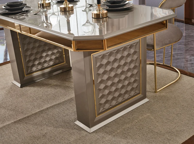 Casa Padrino Luxus Art Deco Esszimmer Set Grau / Gold - 1 Ausziehbarer Esstisch & 6 Esszimmerstühle mit Armlehnen - Esszimmer Möbel - Art Deco Möbel - Luxus Möbel - Art Deco Einrichtung