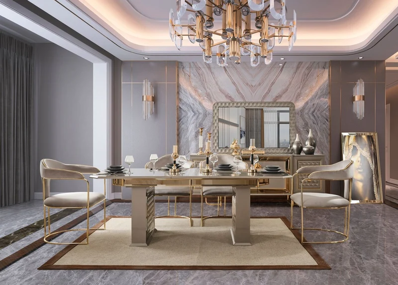 Casa Padrino Luxus Art Deco Esszimmer Set Grau / Gold - 1 Ausziehbarer Esstisch & 6 Esszimmerstühle mit Armlehnen - Esszimmer Möbel - Art Deco Möbel - Luxus Möbel - Art Deco Einrichtung